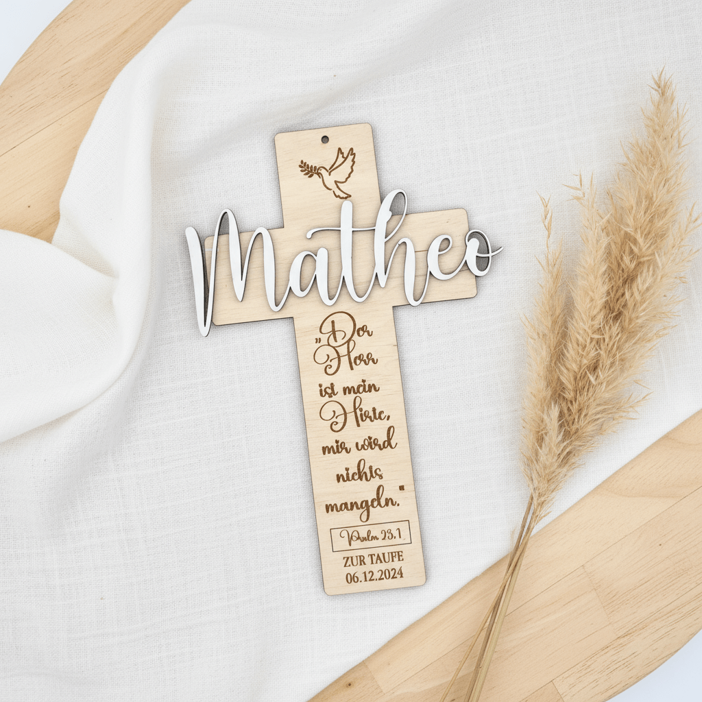 Taufkreuz personalisiert aus Holz – Symbol des Glaubens & Erinnerung - LaserArt Germany