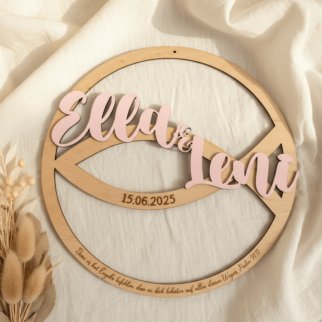 Taufschild aus Holz personalisiert | Geschenk zur Taufe Fischsymbol - LaserArt Germany