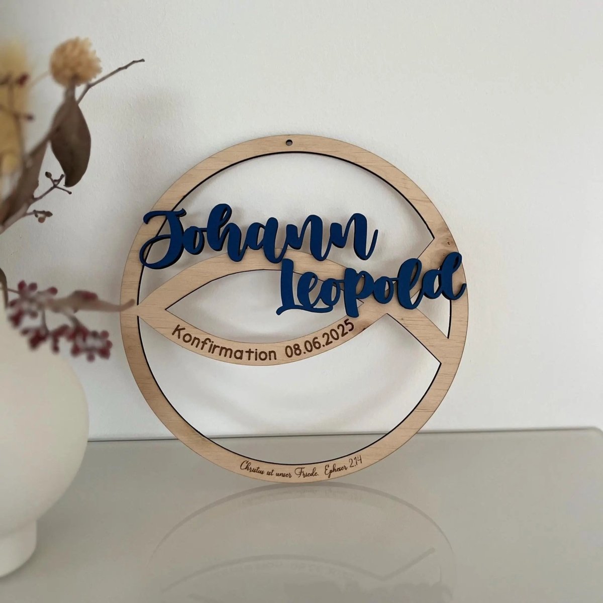 Taufschild Fischsymbol aus Holz personalisiert – In der Geschenkverpackung
