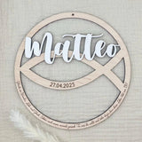 Taufschild aus Holz personalisiert | Geschenk zur Taufe Fischsymbol - LaserArt Germany