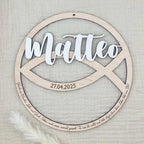 Taufschild Fischsymbol aus Holz personalisiert – Rückseite des Schilds