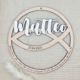 Taufschild aus Holz personalisiert | Geschenk zur Taufe Fischsymbol - LaserArt Germany