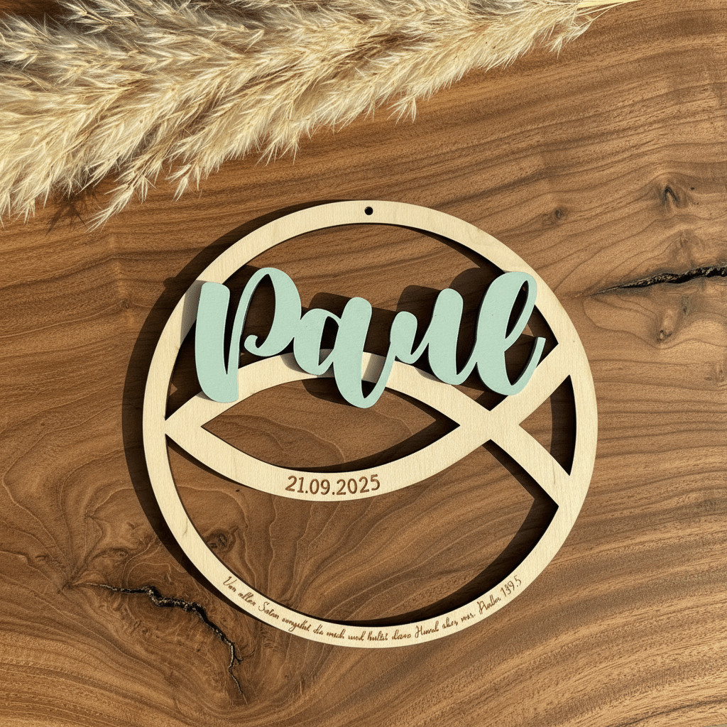Taufschild Fischsymbol aus Holz personalisiert – Frontalansicht mit Taufdatum graviert