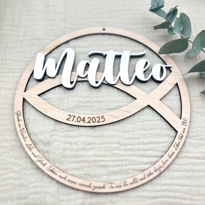 Taufschild aus Holz personalisiert | Geschenk zur Taufe Fischsymbol - LaserArt Germany