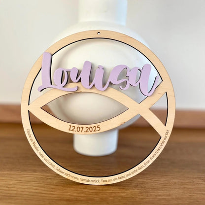 Taufschild aus Holz personalisiert | Geschenk zur Taufe Fischsymbol - LaserArt Germany