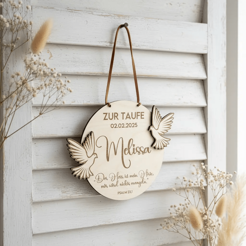 Taufgeschenk Holzschild mit Taufdatum graviert – Aufhängeoption im Detail