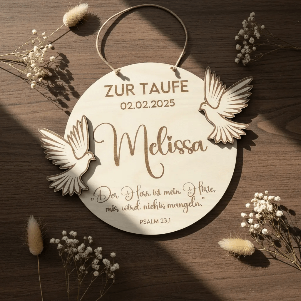 Taufgeschenk Holzschild mit Taufdatum graviert – Detailaufnahme der Taufdatum-Gravur