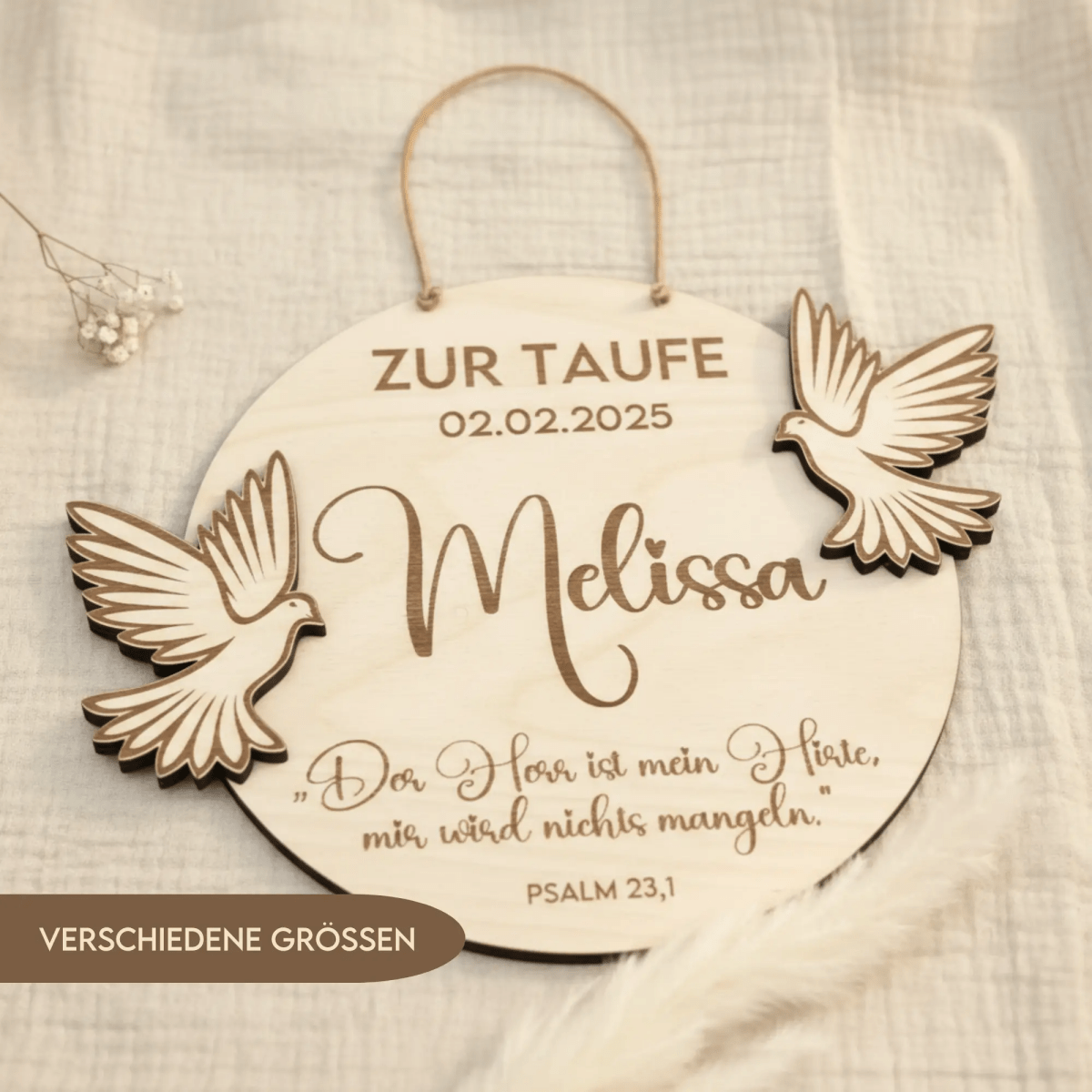 Taufgeschenk Holzschild mit Taufdatum graviert – Hauptansicht