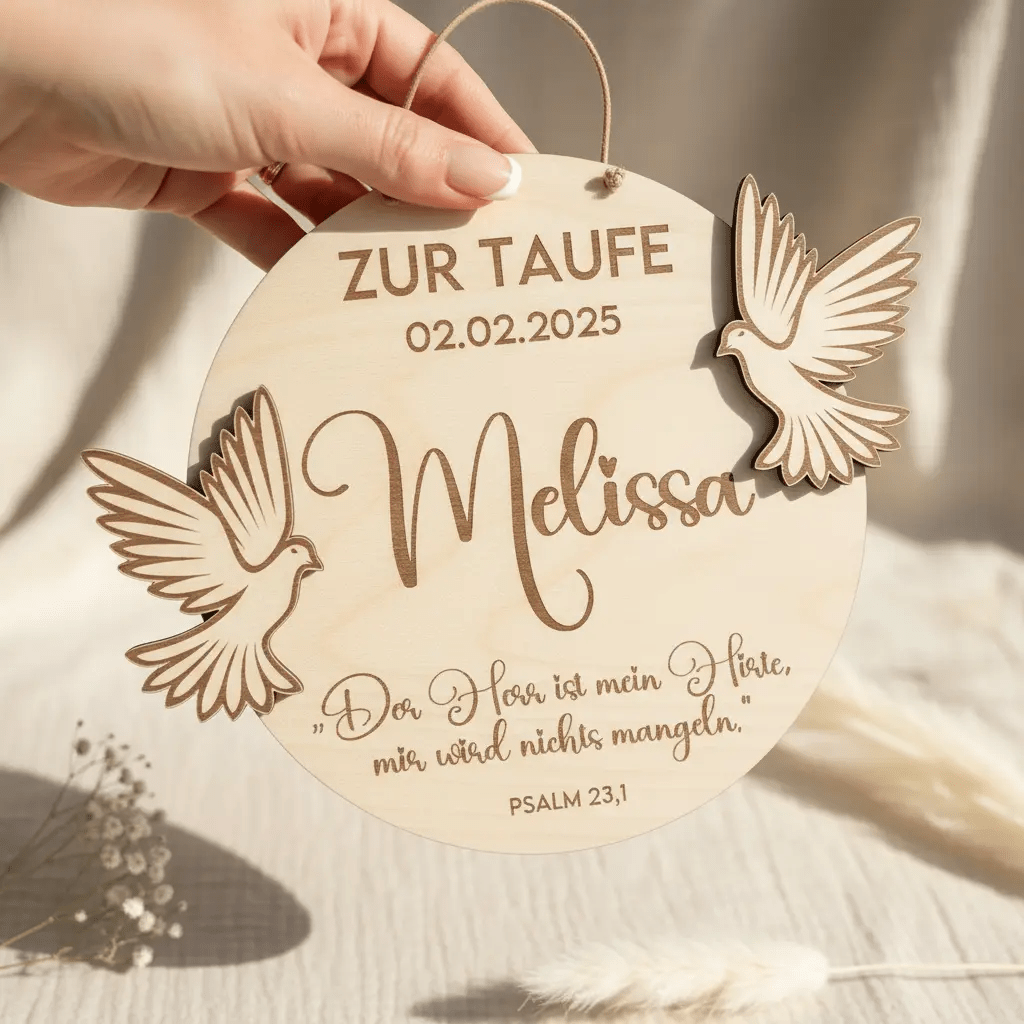 Taufgeschenk Holzschild mit Taufdatum graviert – Nahaufnahme der Holzmaserung