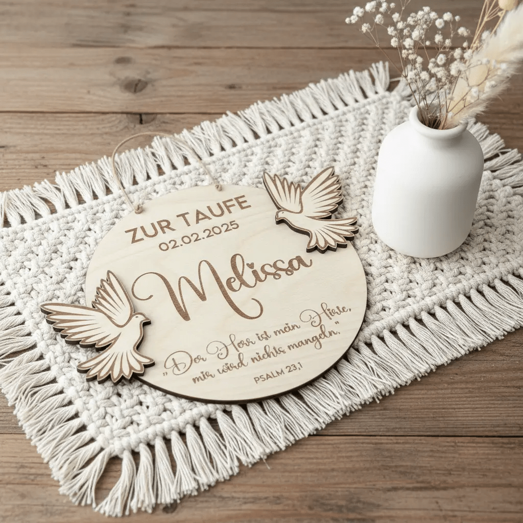 Taufgeschenk Holzschild mit Taufdatum graviert – In der Geschenkverpackung