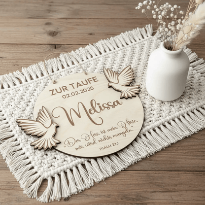 Taufschild Holz graviert | personalisiertes Geschenk zur Taufe - LaserArt Germany