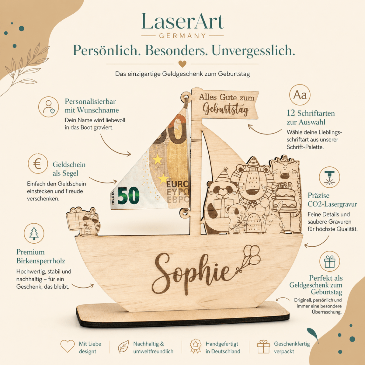 Taufschild Schiff aus Holz | Geldgeschenk für Kinder - LaserArt Germany