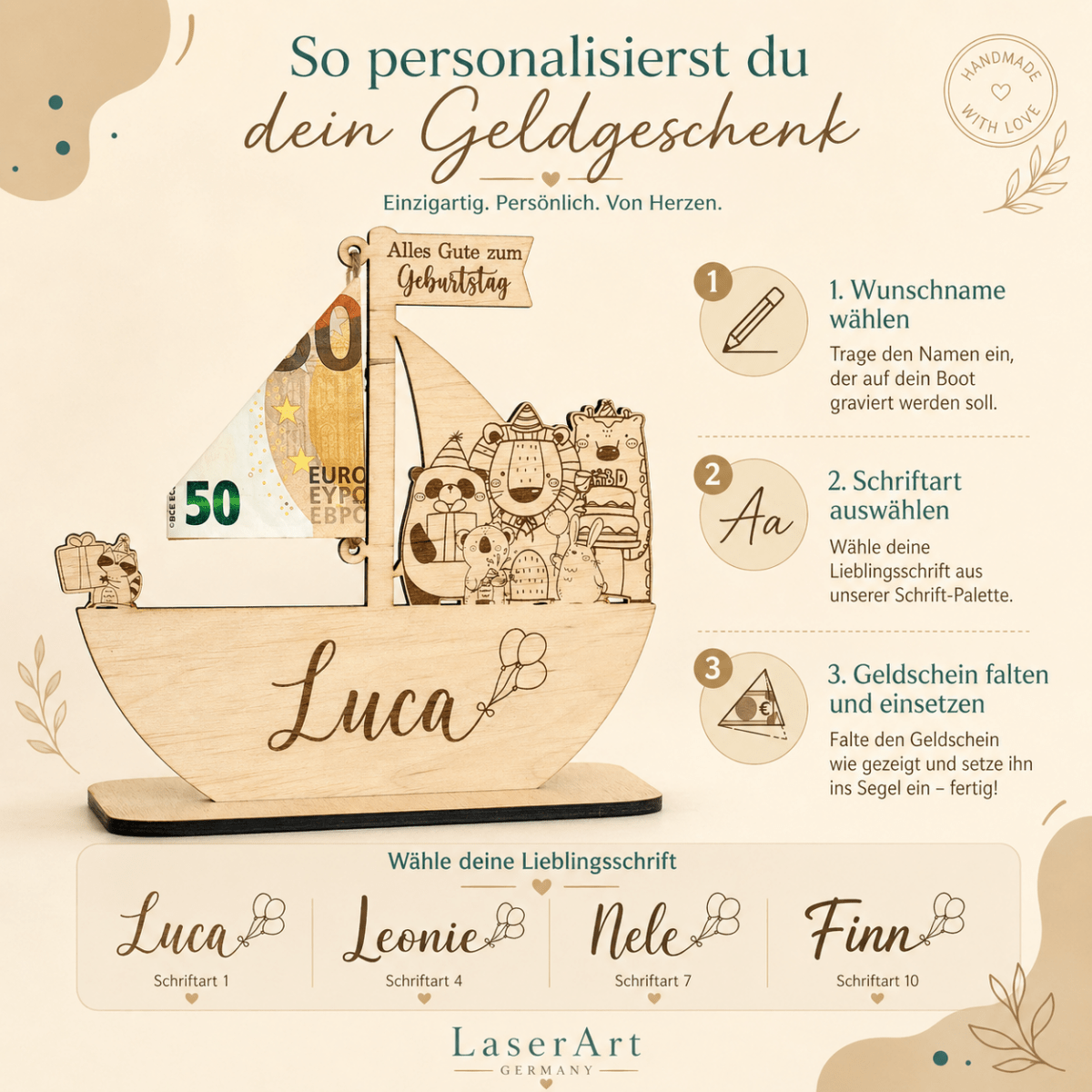 Taufschild Schiff aus Holz | Geldgeschenk für Kinder - LaserArt Germany