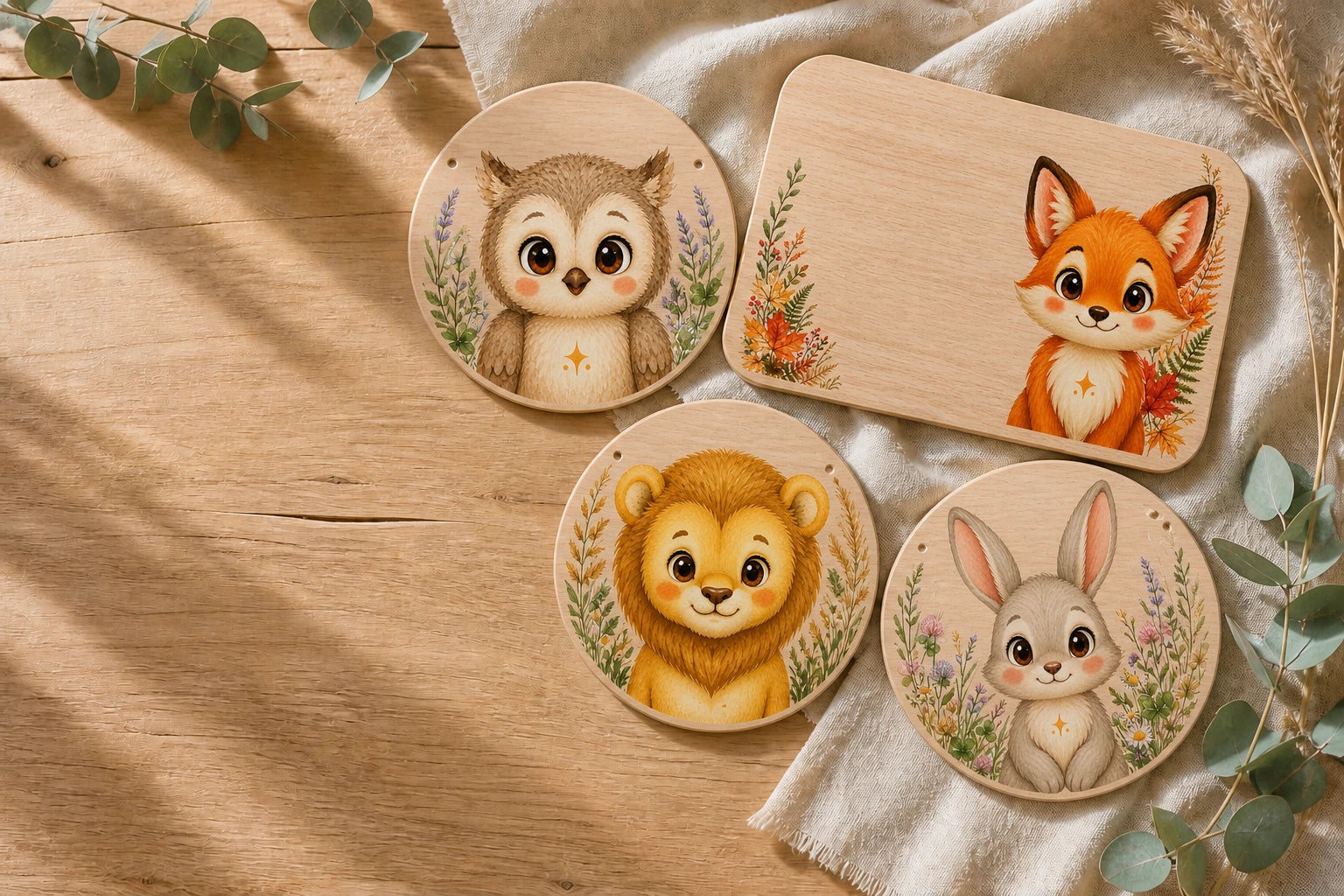 Personalisierte LaserArt-Produkte mit gravierten Tiermotiven — Namensschilder und Frühstücksbretter aus Holz