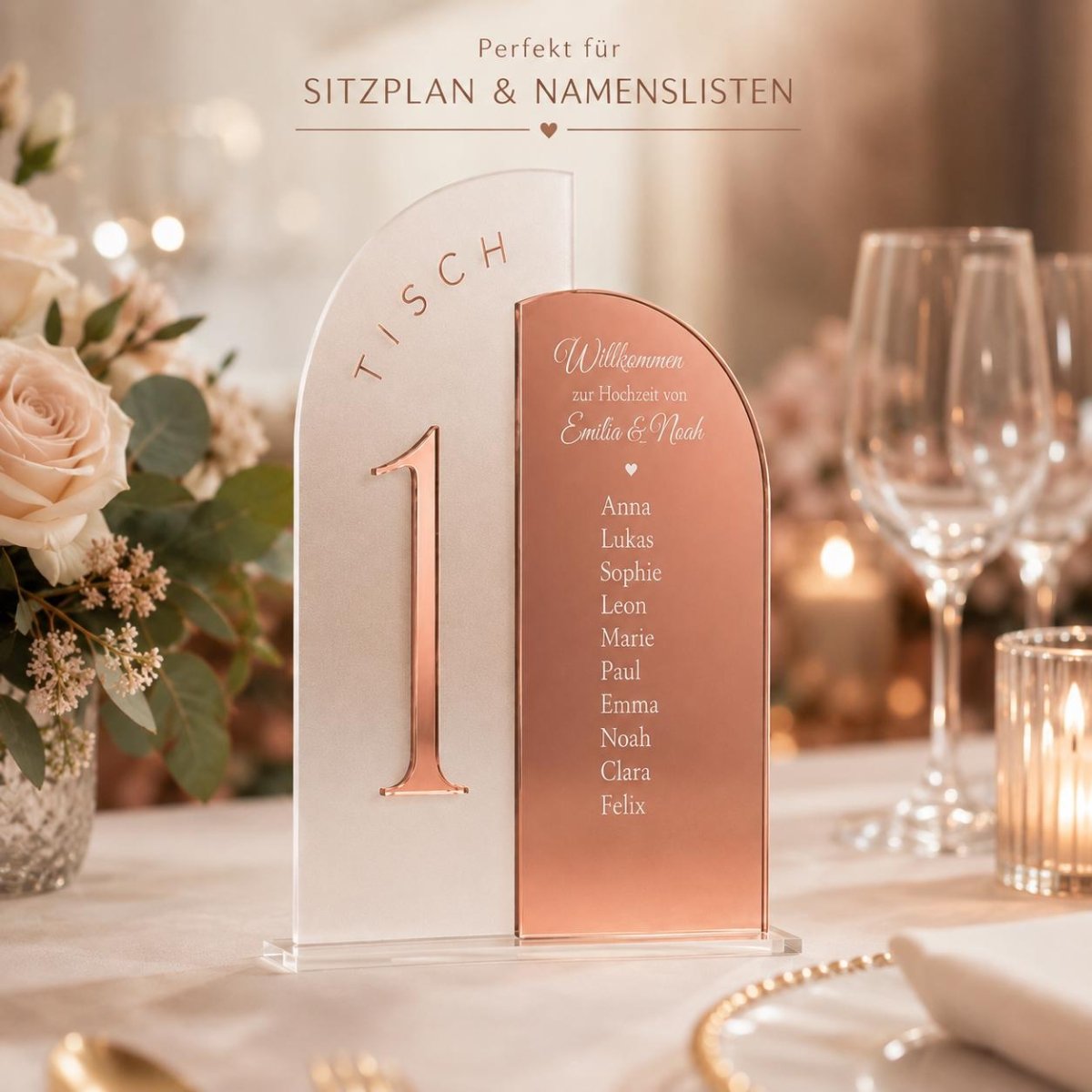 Tischnummern Hochzeit Acryl personalisiert – Anwendungsbeispiel als Getränkekarte