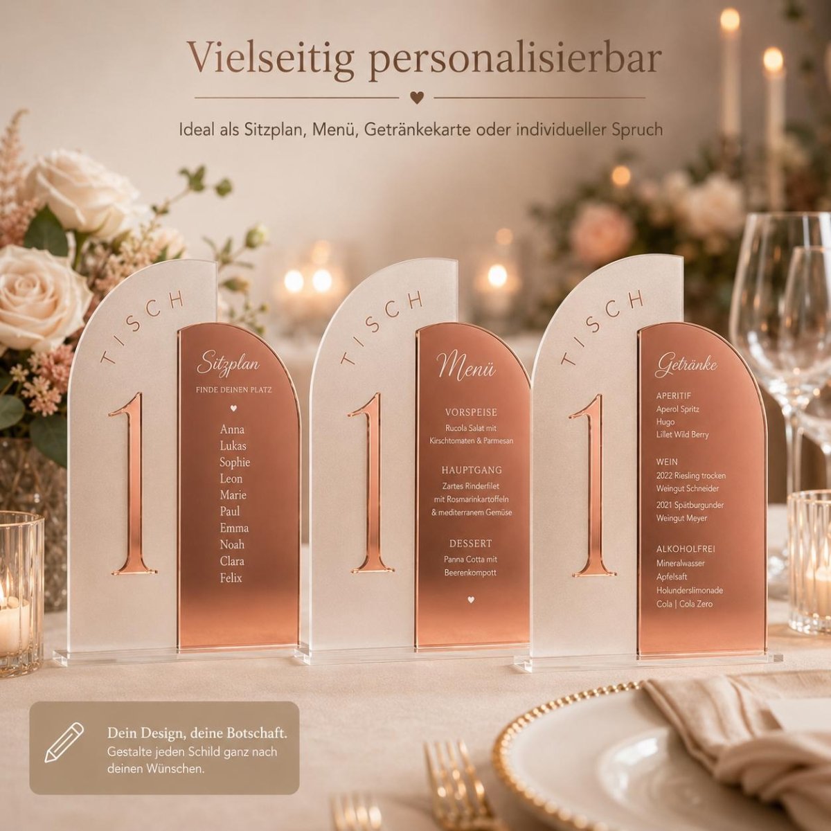 Tischnummern Hochzeit Acryl personalisiert – Frontalansicht der Tischnummer im Acryl-Tischaufsteller