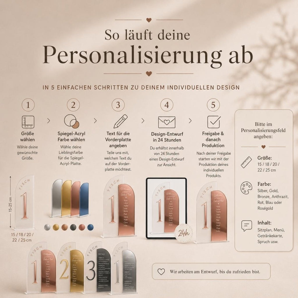 Tischnummern Hochzeit Acryl personalisiert – Spiegel - Acryl Tischaufsteller | Sitzplan · Menükarte · Getränkekarte | 7 Farben, 5 Größen - LaserArt Germany