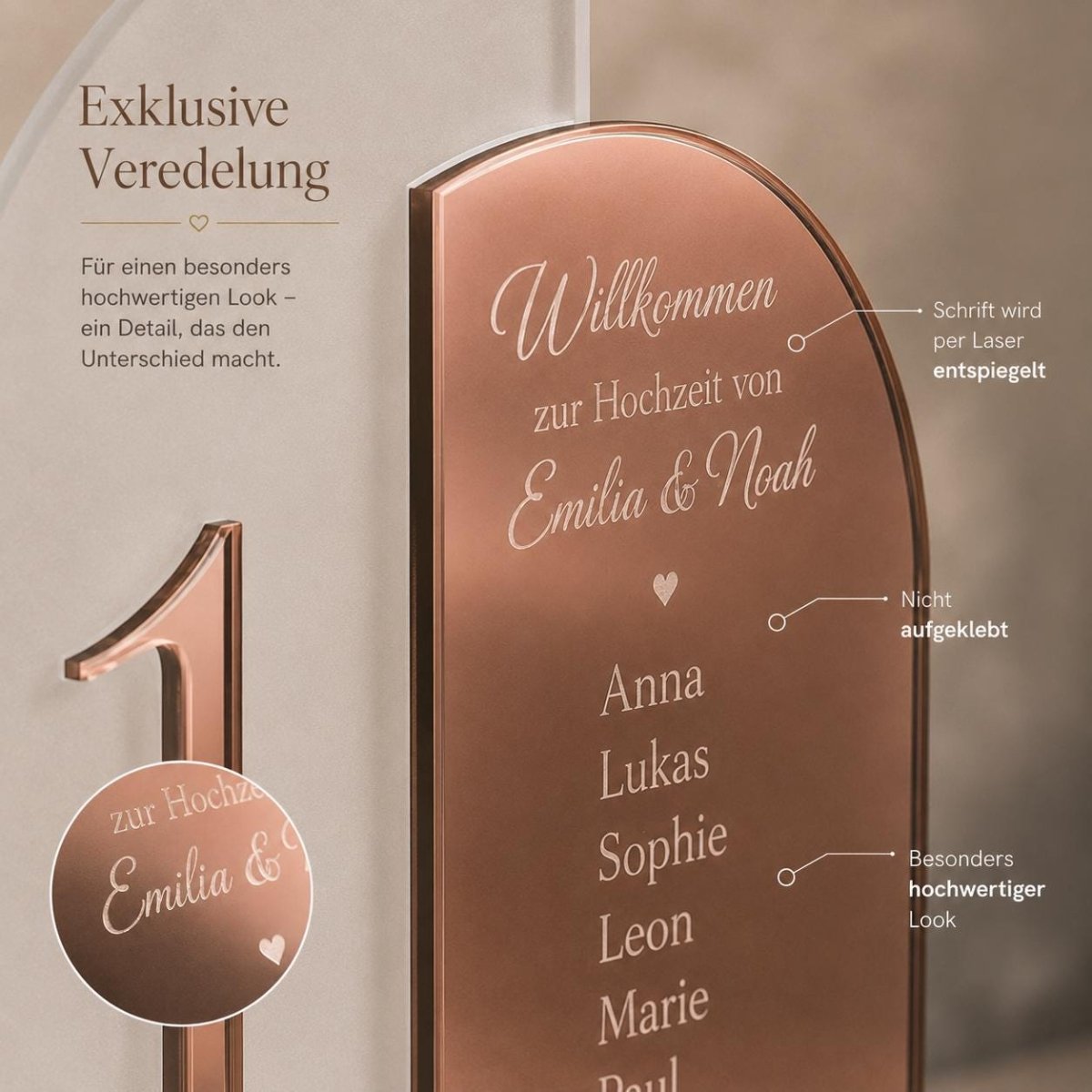 Tischnummern Hochzeit Acryl personalisiert – Detailaufnahme der Gravur