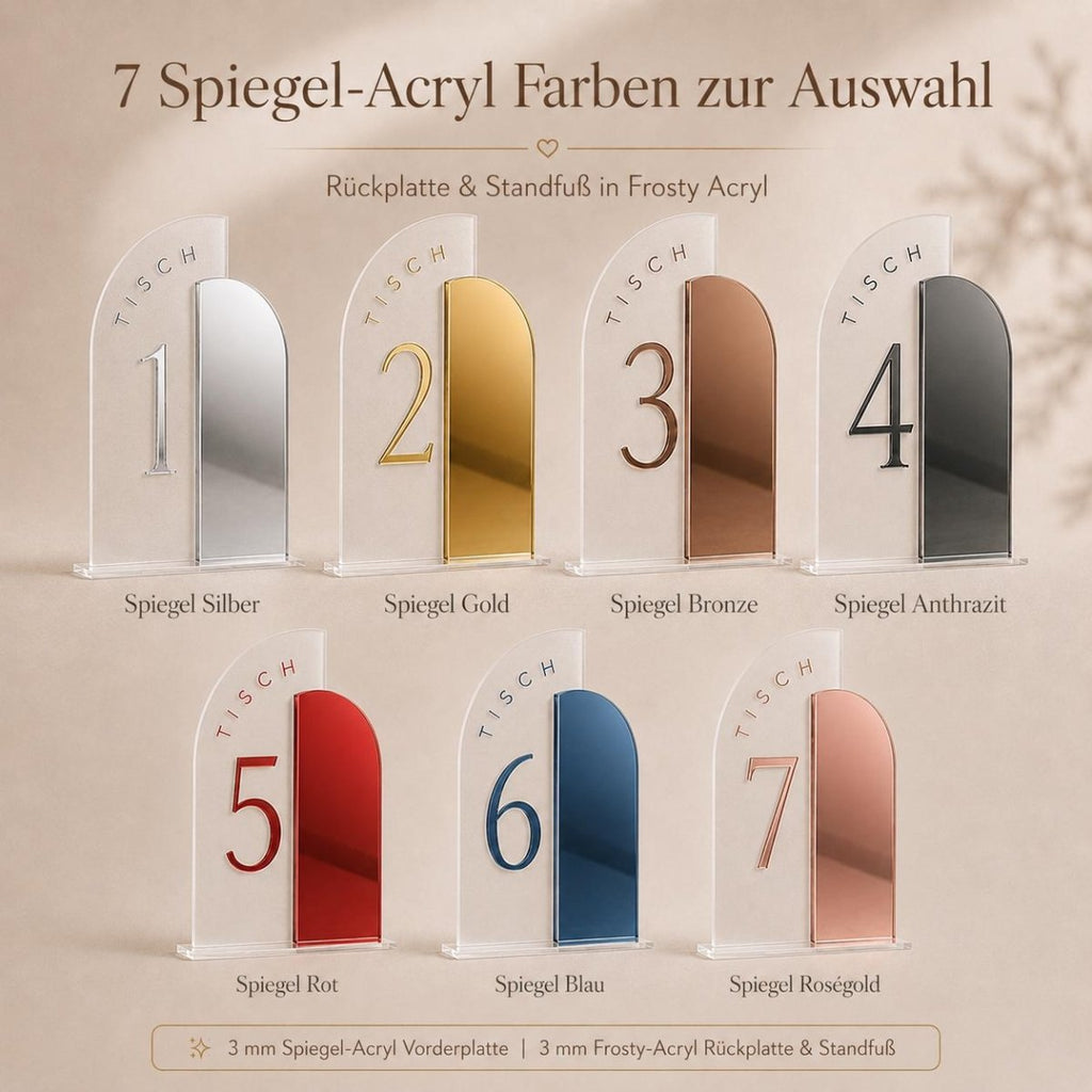Tischnummern Hochzeit Acryl personalisiert – Spiegel - Acryl Tischaufsteller | Sitzplan · Menükarte · Getränkekarte | 7 Farben, 5 Größen - LaserArt Germany