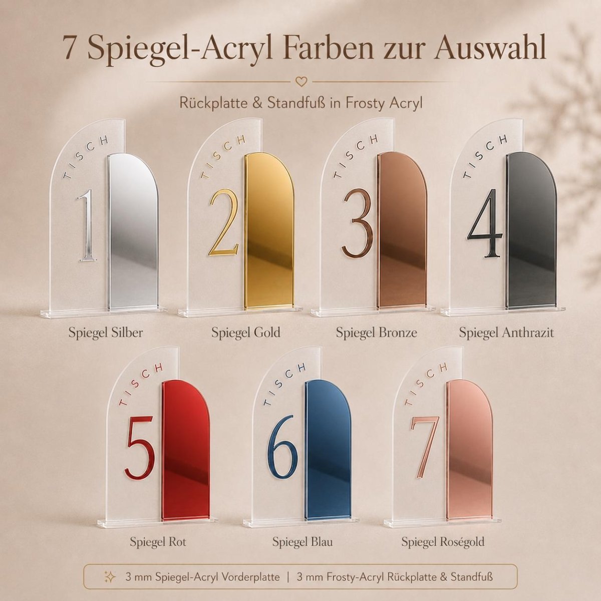 Tischnummern Hochzeit Acryl personalisiert – Größenvergleich auf dem Tisch