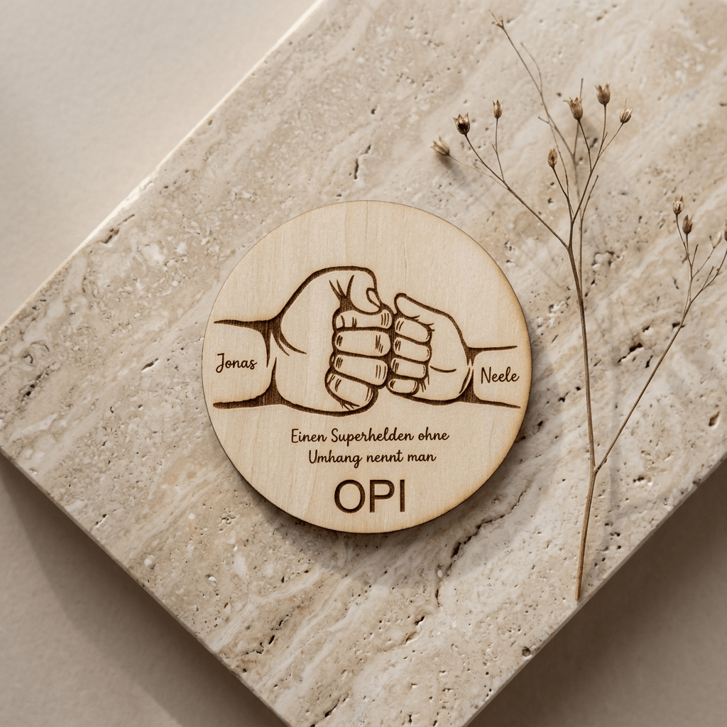Vatertagsgeschenk Papa & Kids aus Holz Hand in Hand – Rückseite mit Gravur