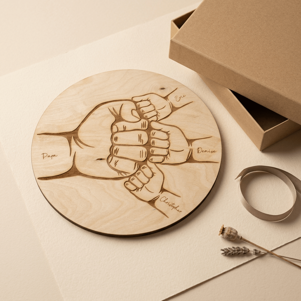 Vatertagsgeschenk Papa & Kids aus Holz Hand in Hand – Seitenansicht des Motivs