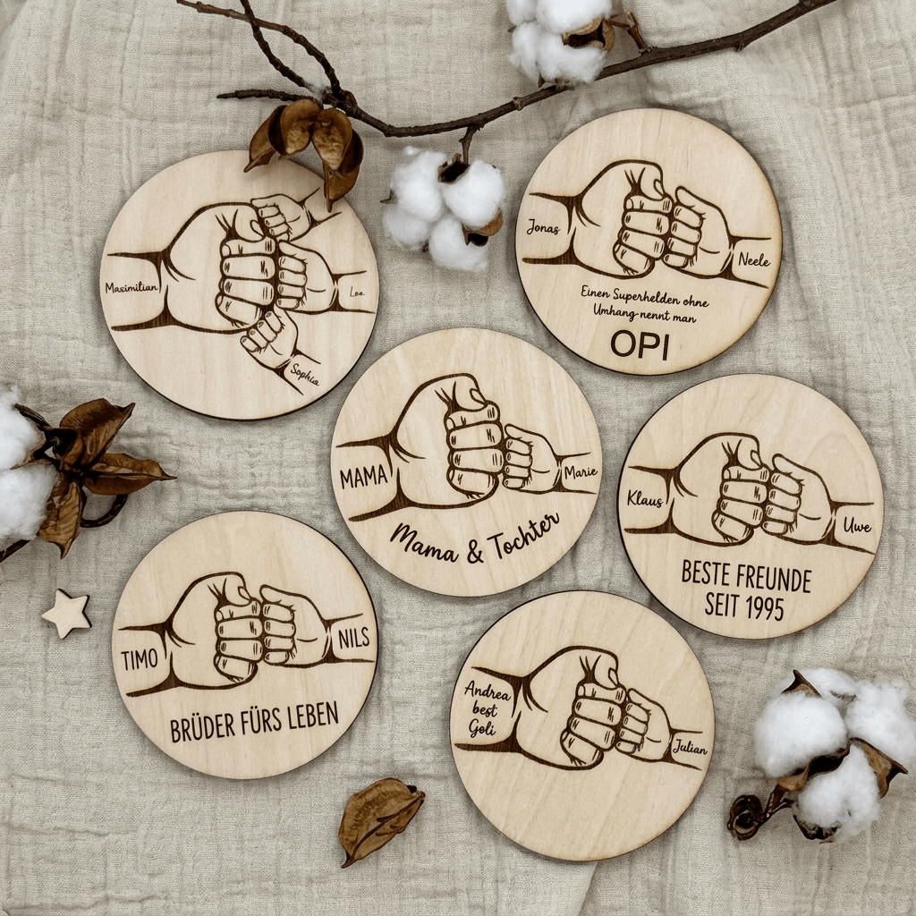 Vatertagsgeschenk Papa & Kids aus Holz Hand in Hand – Detailaufnahme der Namensgravur