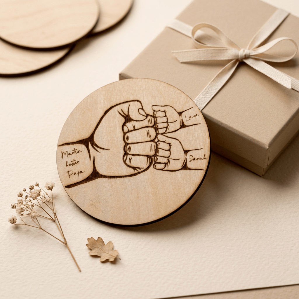 Vatertagsgeschenk Papa & Kids aus Holz Hand in Hand – In der Geschenkverpackung