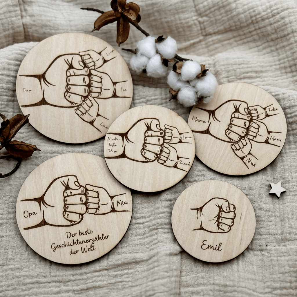 Vatertagsgeschenk Papa & Kids aus Holz Hand in Hand – Größenvergleich in der Hand