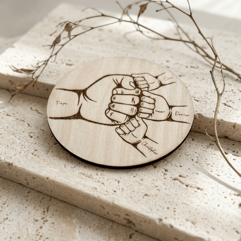 Vatertagsgeschenk Papa & Kids aus Holz Hand in Hand – Detailaufnahme der Handsilhouetten