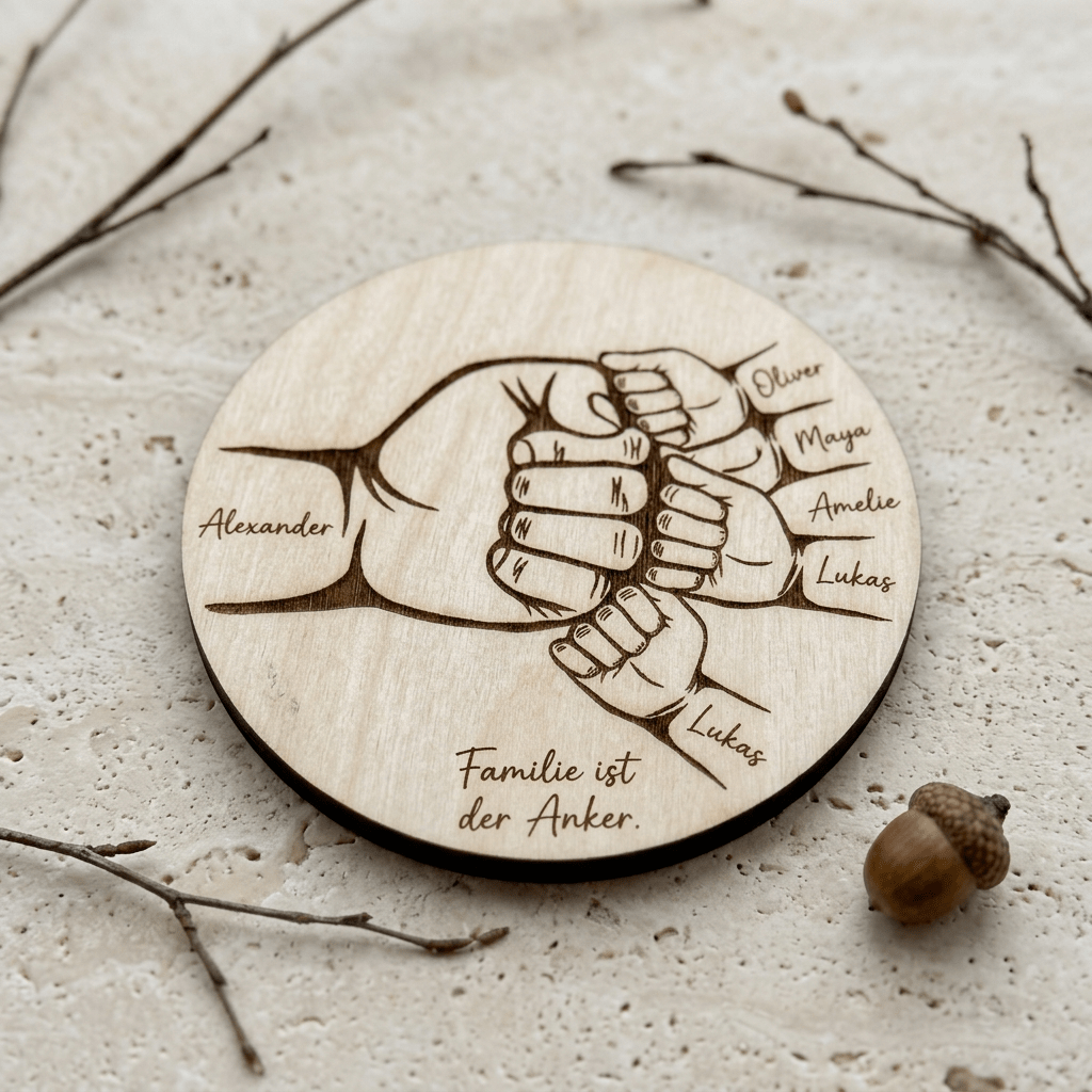 Vatertagsgeschenk Papa & Kids aus Holz Hand in Hand – Draufsicht auf das Motiv