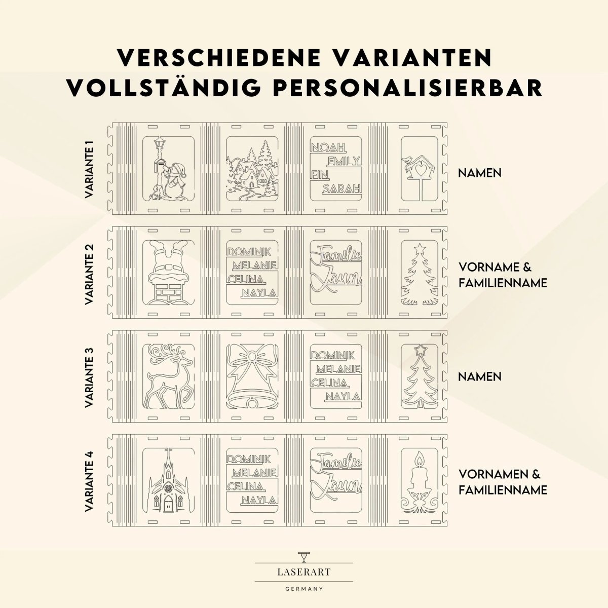 Windlicht aus Holz personalisiert zu Weihnachten – Größenvergleich auf dem Tisch
