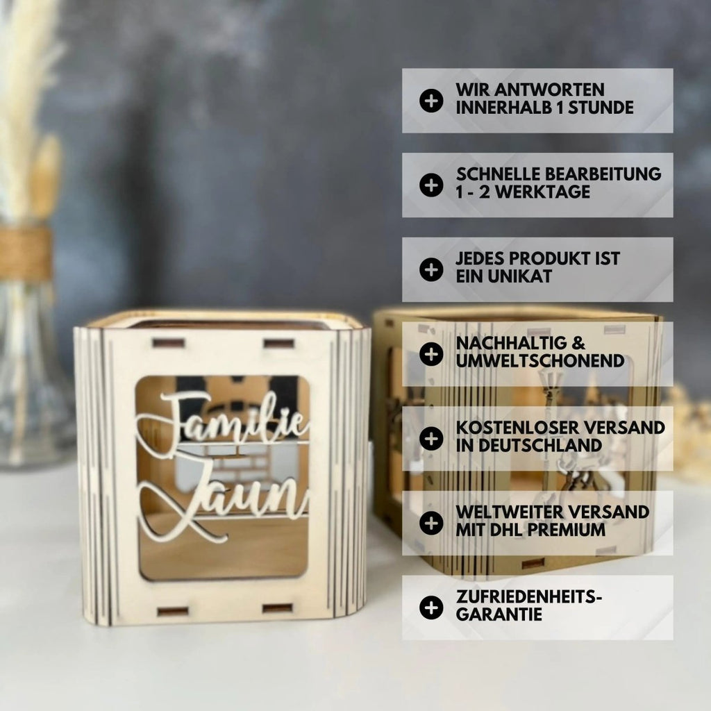 Windlicht personalisiert für Familie und Freunde zu Weihnachten - LaserArt Germany