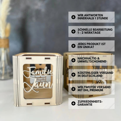 Windlicht personalisiert für Familie und Freunde zu Weihnachten - LaserArt Germany